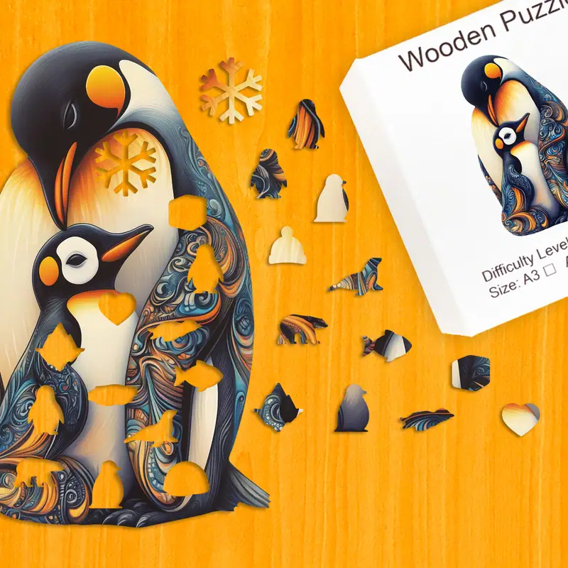 Przytulająca się rodzina pingwinów - Drewniane puzzle 1